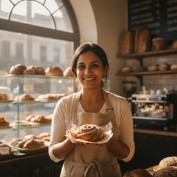 Portrait of Priya K., bakery owner in Toronto